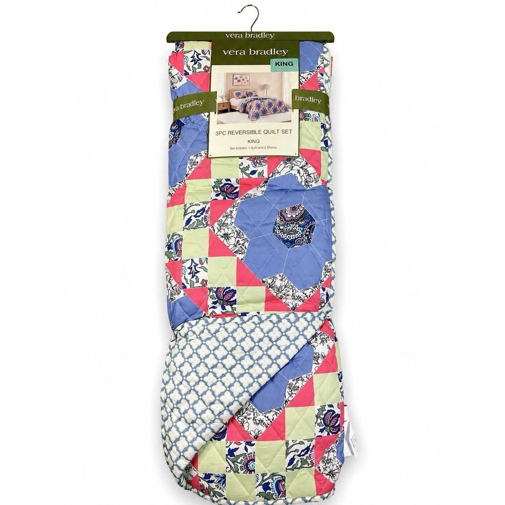 Vera Bradley King Quilt Set 3 Piece Reversible Floral Patchwork Blue Green Shams